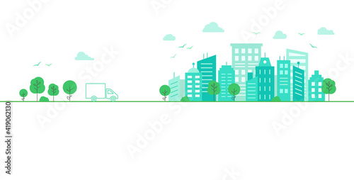 Light background with urban landscape. Car goes on the road to the city. Panorama architecture buildings. Urban life Vector illustration in flat style.