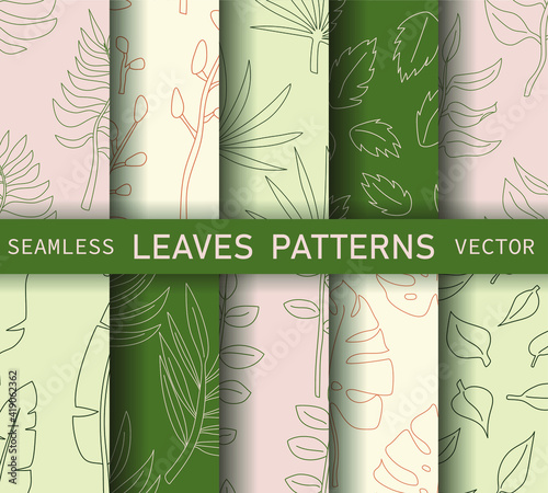 Set of seamless vector green leaves patterns. Collection of thin line botanical illustration backgrounds. Stylish trendy plant organic nature wallpaper. Tropical patterns