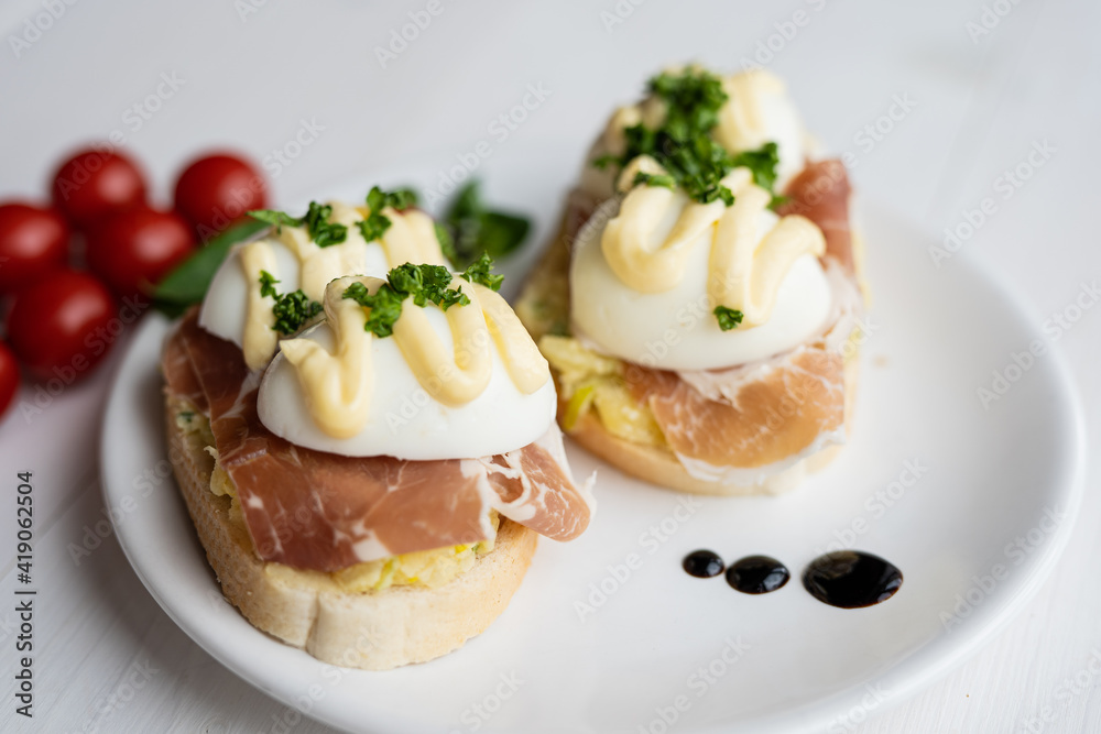 prosciutto dry hure ham with egg mayo dressing open bread sandwich with salad vegetables finger party food prosciutto dry hure ham with egg mayo dressing open bread sandwich with salad vegetables finger party food
