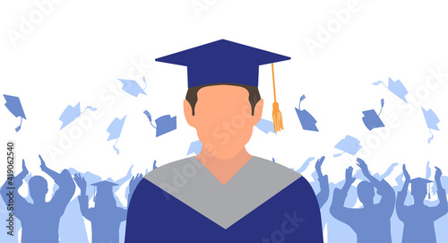Man graduate in mantle and academic square cap on background of cheerful crowd of graduates throwing their academic square caps. Graduation ceremony. Vector illustration