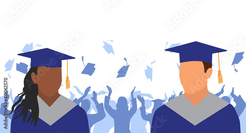 African American girl and Caucasian boy  graduates in mantle and academic square cap on background of cheerful crowd of graduates throwing academic square caps.Graduation ceremony. Vector illustration