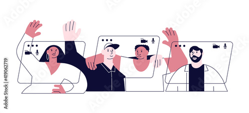 Video call connecting for keep social distancing. People have online meeting. Flat Art Vector illustration