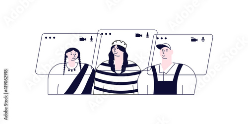 Video call connecting for keep social distancing. People have online meeting. Flat Art Vector illustration