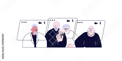 Video call connecting for keep social distancing. Elderly People have online meeting. Flat Art Vector illustration
