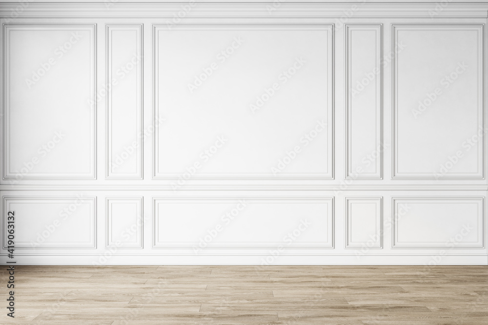 Classic white empty interior with wall panels, moldings and wooden ...