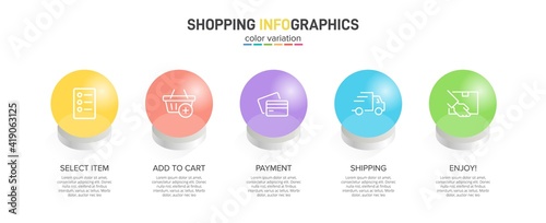 Concept of shopping process with 5 successive steps. Five colorful graphic elements. Timeline design for brochure, presentation, web site. Infographic design layout.