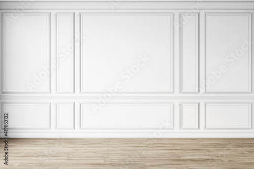 Classic white empty interior with wall panels  moldings and wooden floor. 3d render illustration mock up.