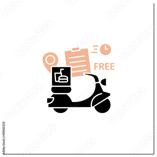 Restaurant delivery glyph icon. Fast, express motorcycle delivery, quick move service. Fresh food from restaurant. Online delivery concept. Filled flat sign. Isolated silhouette vector illustration
