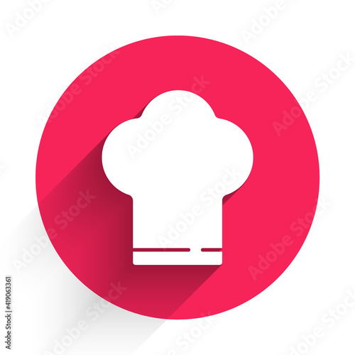 White Chef hat icon isolated with long shadow. Cooking symbol. Cooks hat. Red circle button. Vector.