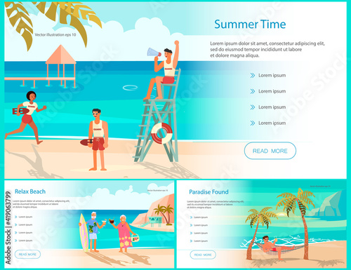 Set of Landing web page template with Summer beach landscape background. Holidays and vacations banner with Senior age couple family people on vacation. Flat Art Vector illustration.
