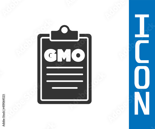 Grey GMO icon isolated on white background. Genetically modified organism acronym. Dna food modification. Vector.