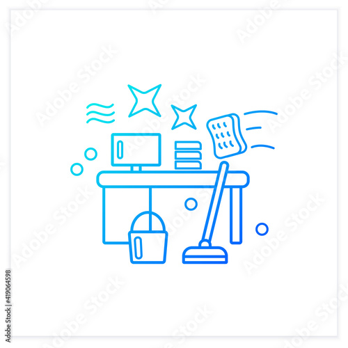 Office cleaning gradient icon. Keeping workplace clean.Tidy office desk.Mopping, wiping, dusting. Cleaning service concept.Isolated vector illustration.Suitable to banners,mobile apps and presentation