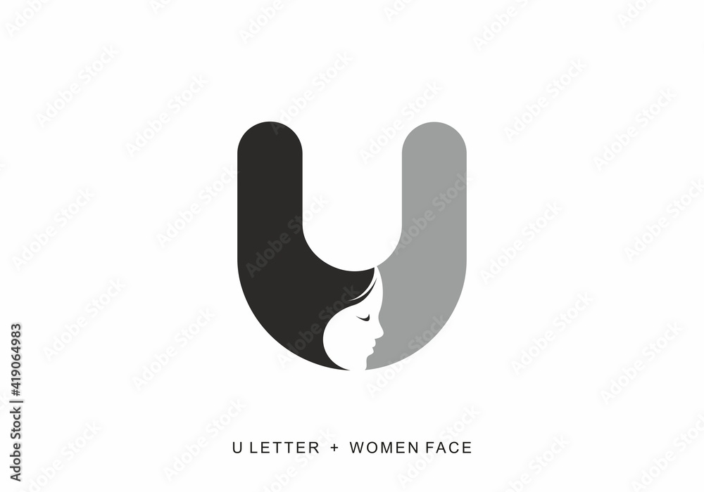 Black grey color of U initial letter with women face shape Black grey color of U initial letter with women face shape