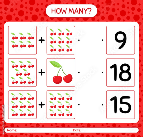 How many counting game with cherry. worksheet for preschool kids, kids activity sheet, printable worksheet