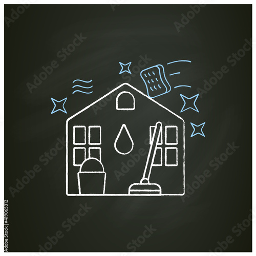 House cleaning chalk icon. Householding things. Bucket and broom inside house. Floor cleaning. Cleaning concept. Isolated vector illustration on chalkboard