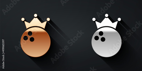 Gold and silver Bowling ball icon isolated on black background. Sport equipment. Long shadow style. Vector.