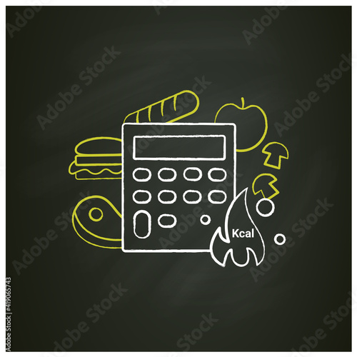 Calorie calculator chalk icon. Online food counter. Healthy eating. Calorie count. Serving size. Weight loss concept. Portion control. Isolated vector illustration on chalkboard