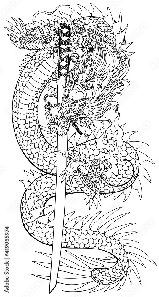 Stockvector A Japanese dragon with a katana sword. Asian and