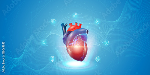 Human heart and treatment with technology innovation. A concept hospital for wallpaper and web.