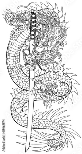 A Japanese dragon with a katana sword. Asian and Eastern mythological creature. Isolated tattoo style outline vector illustration 