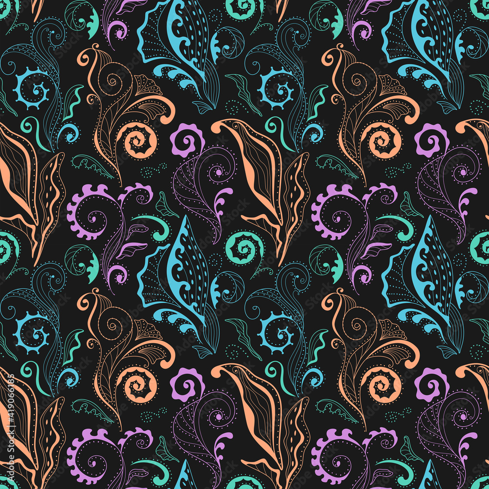 Seamless pattern with magic flowers and leaves.
