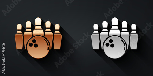 Gold and silver Bowling pin and ball icon isolated on black background. Sport equipment. Long shadow style. Vector.