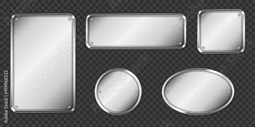 Steel or silver plates, name plaques empty mockup. Metal grey identification tags or badges, round, oval and rectangular frame for nameplate isolated on transparent background, realistic 3d vector set