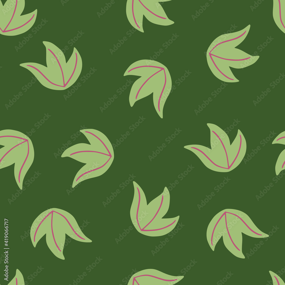 Minimalistic seamless pattern with doodle simple leaf bush random ornament. Green palette artwork. Minimalistic seamless pattern with doodle simple leaf bush random ornament. Green palette artwork.
