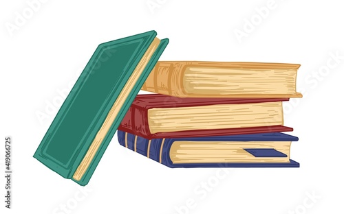 Stack of ancient academic books isolated on white background. Pile of old textbooks, encyclopedias and dictionaries for reading. Colored hand-drawn vector illustration in vintage style