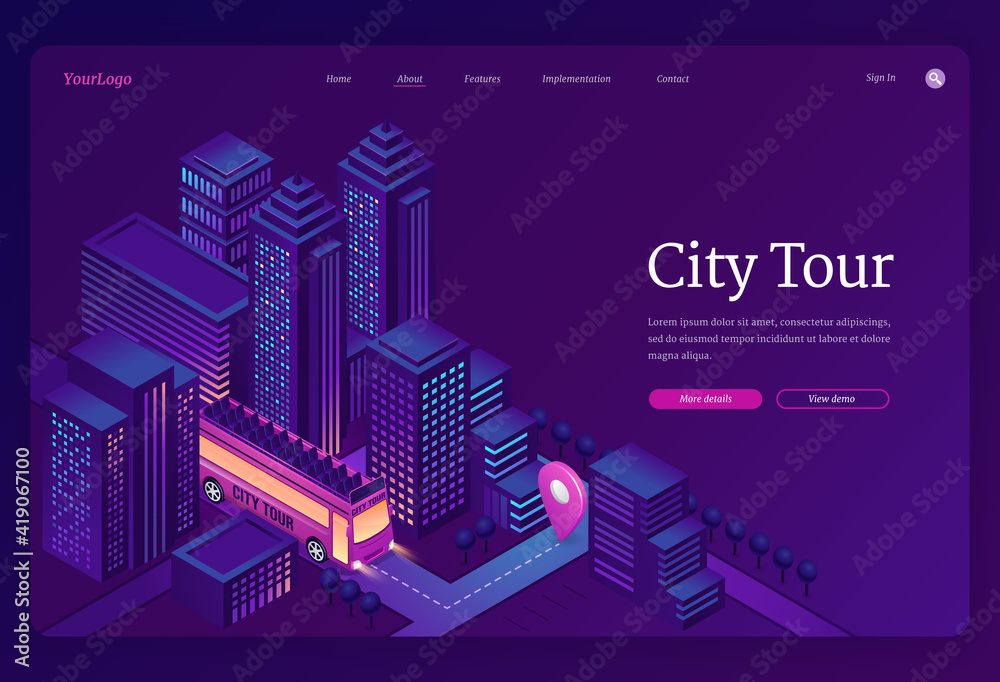 City tour banner. Travel and sightseeing by double decker bus in town. Vector landing page of group tourism and trip with isometric illustration of excursion bus on city street