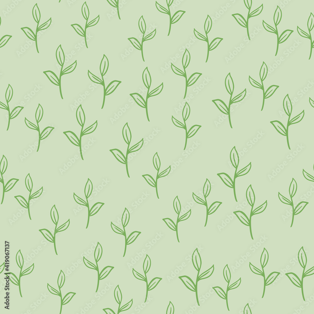 Random seamless pattern in hand drawn style with little green branches print. Grey background. Random seamless pattern in hand drawn style with little green branches print. Grey background.
