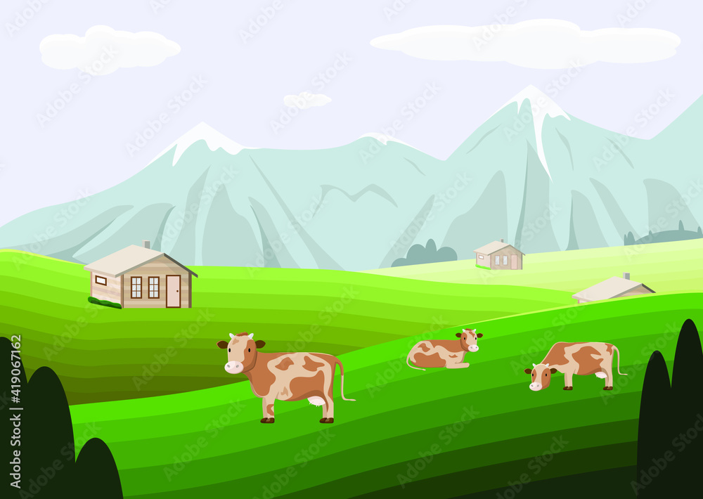 Rustic landscape with a wooden house and cows. Cows graze in a green meadow. Summer meadows, mountains Rustic landscape with a wooden house and cows. Cows graze in a green meadow. Summer meadows, mountains