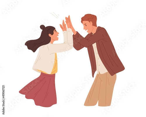 Happy people giving high five and celebrating achievement. Couple of man and woman gesturing hi. Concept of partnership and support. Color flat cartoon vector illustration isolated on white background