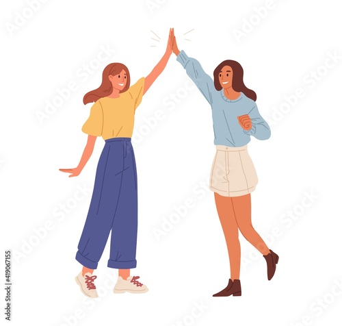 Happy people giving high five. Friends greeting or supporting each other. Informal hi gesture. Concept of friendship, partnership and success. Flat vector illustration isolated on white background