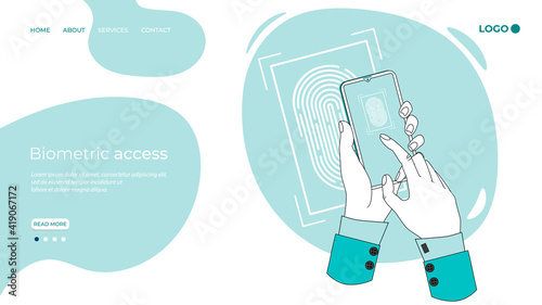 Fototapeta Naklejka Na Ścianę i Meble -  Biometric access.A person with a smartphone gets access to their data using a biometric scanner.The concept of data protection.Flat vector illustration.The landing page template.