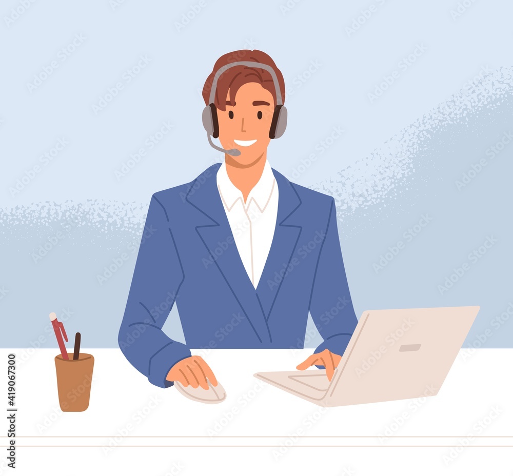 Smiling operator of call center in headset consulting customers online. Support agent working at helpline service. Colored flat vector illustration of business consultant at workplace Smiling operator of call center in headset consulting customers online. Support agent working at helpline service. Colored flat vector illustration of business consultant at workplace
