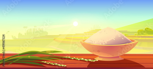 Sprouted white rice and bowl with cereals on wooden desk at asian field terraces landscape background. Paddy plantation, cascades farm meadow with green grass scenery view, Cartoon vector illustration