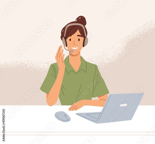 Operator of call center in headset consulting clients online. Worker of hotline service working at desk with laptop. Colored flat vector illustration of agent in customer support department