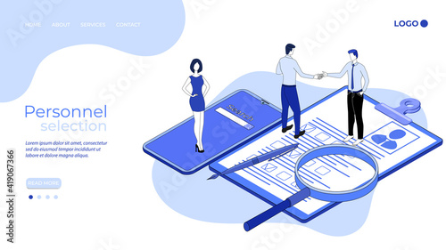 Personnel selection.People are engaged in the selection of personnel when hiring.Conclusion of an employment contract.3D image.Isometric vector illustration.The landing page template.