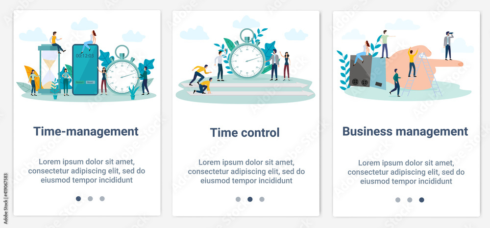 Modern flat illustrations in the form of a slider for web design. A set of UI and UX interfaces for the user interface.Topic Time management and business promotion.