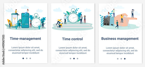 Modern flat illustrations in the form of a slider for web design. A set of UI and UX interfaces for the user interface.Topic Time management and business promotion.