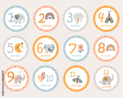 Monthly baby stickers with bohemian elephants and items.