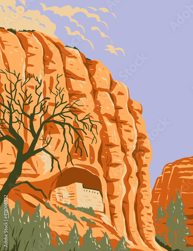 WPA poster art of the Mogollon cliff dwellings in the Gila Cliff Dwellings National Monument in the Gila Wilderness located in southwest New Mexico done in works project administration style.