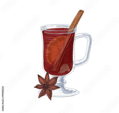 Glass of hot red mulled wine with winter spices and fruits. Spicy drink with cinnamon stick, cardamom seeds, star anise and orange slice. Hand-drawn vector illustration isolated on white background