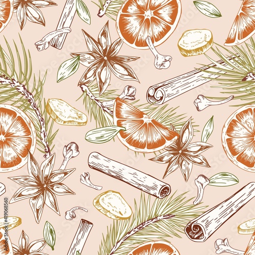 Seamless pattern with winter Christmas spices. Endless repeatable design with pine branches, cinnamon sticks, cardamom seeds, cloves, aniseed, orange and ginger pieces. Drawn vector illustration