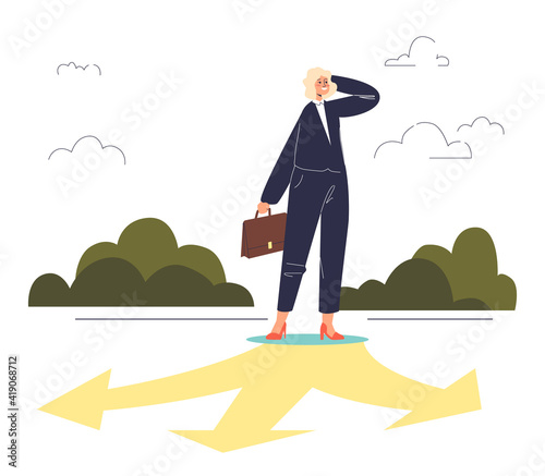 Confused businesswoman standing on crossroad making decision of development direction