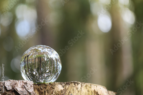 Earth day.Ecological concept.Glass ball with forest reflection on a stump in the forest. Environmental protection and nature conservation.Saving the environment and protecting forests 