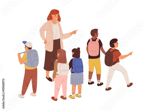 Young teacher with diverse children. Female educator with school students isolated on white background. Adult woman, schoolgirls and schoolboys. Colored flat cartoon vector illustration