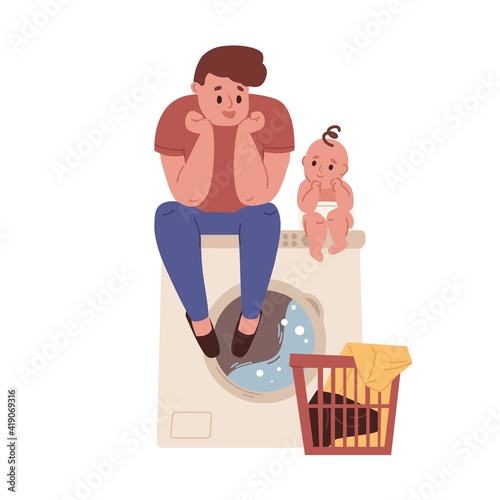 Young father doing laundry and sitting on washing machine with baby. Dad doing household chores. Housekeeping and fatherhood. Colored flat cartoon vector illustration isolated on white background