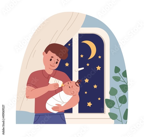 Father holding newborn baby in arms and feeding it from milk bottle. Dad caring about infant. Colored flat cartoon vector illustration of paternity leave and fatherhood isolated on white background